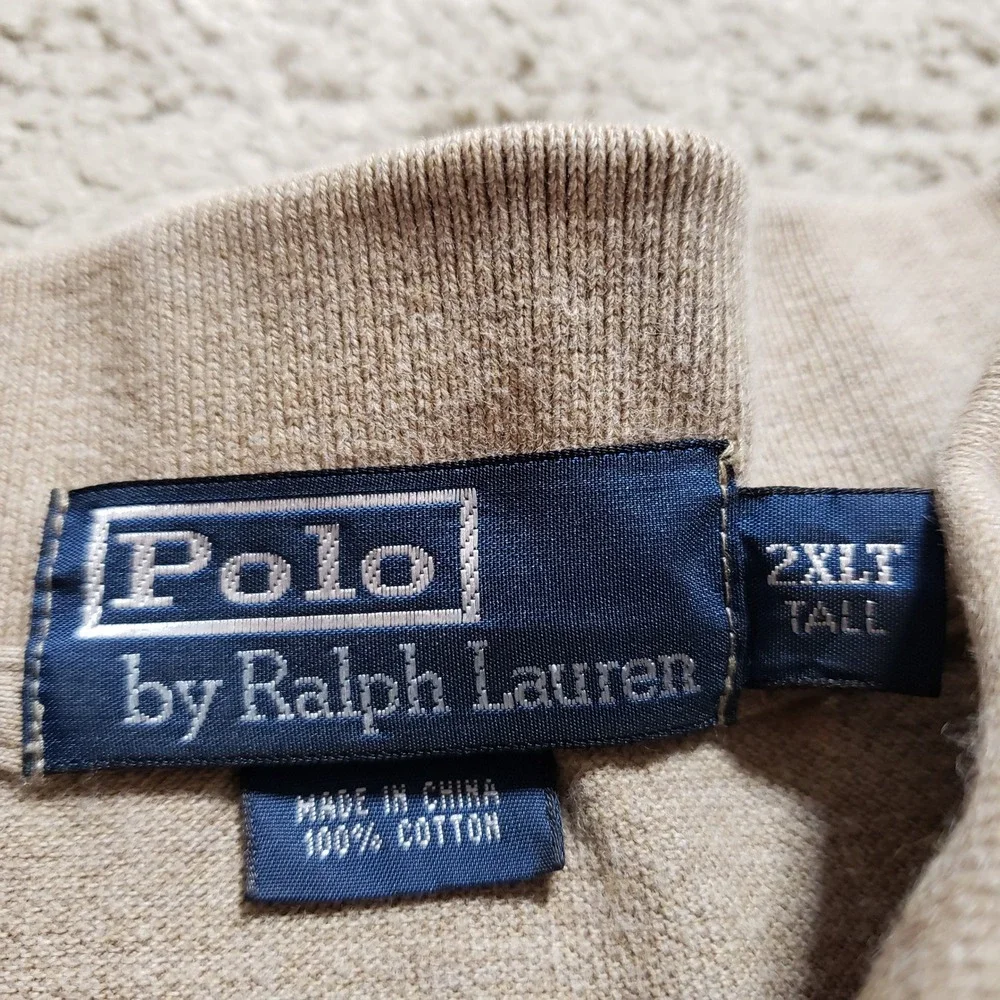 Ralph Lauren Mens 2XLT Tall Tan Green Pony Long Sleeve Pique Polo Shirt